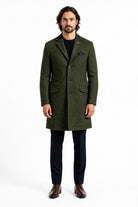 Men's Olive Green Herringbone Wool Blend Tailored Fit Overcoat CAVANI