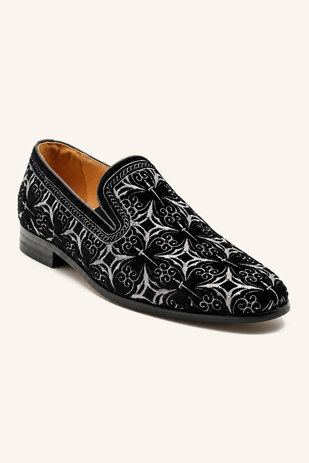 VITO Men’s Black Silver Embroidered Velvet Real Leather Party Loafers Sartorial Shoes