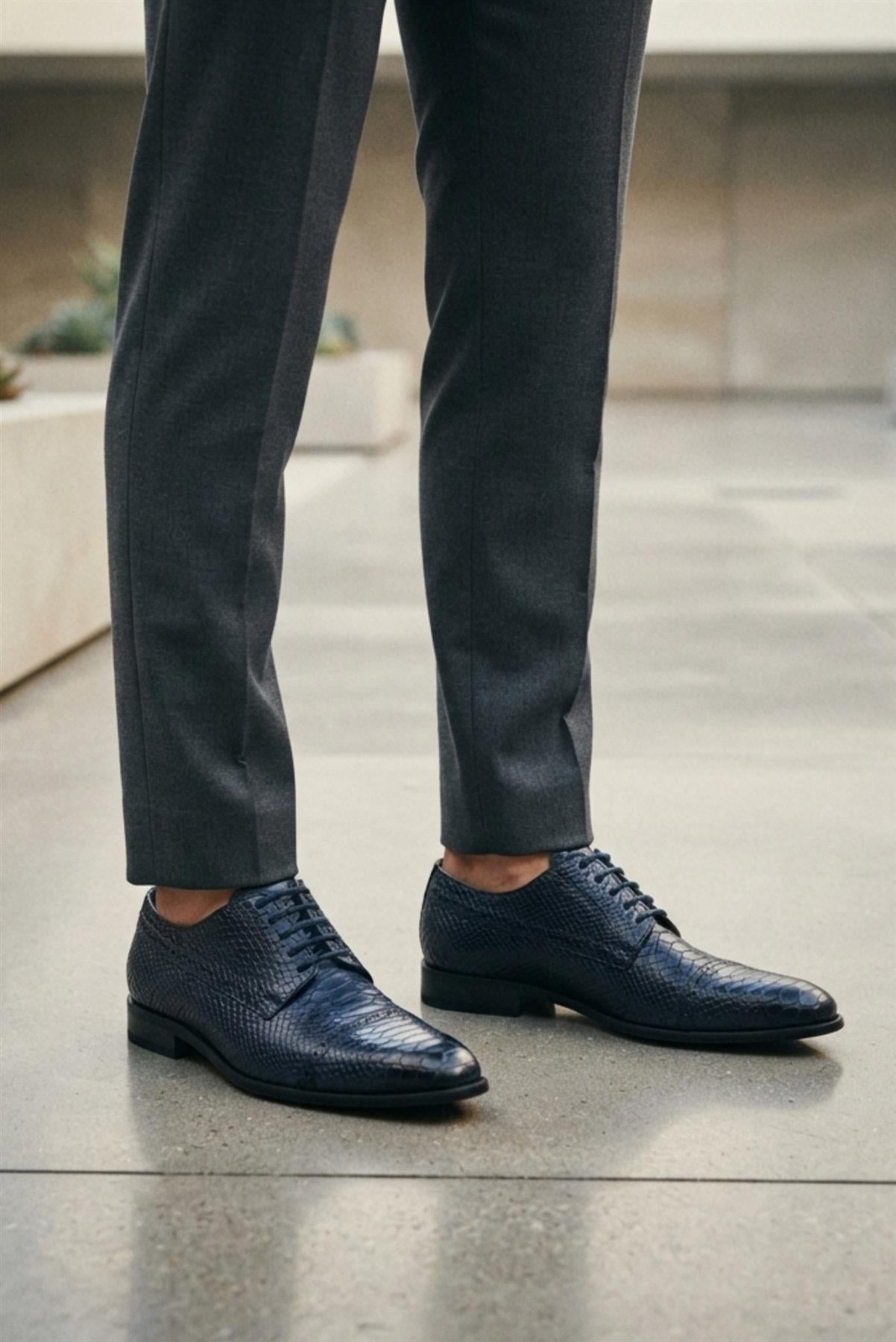 Men's Navy Embossed Faux Leather Lace up Derby Shoes Sartorial Shoes