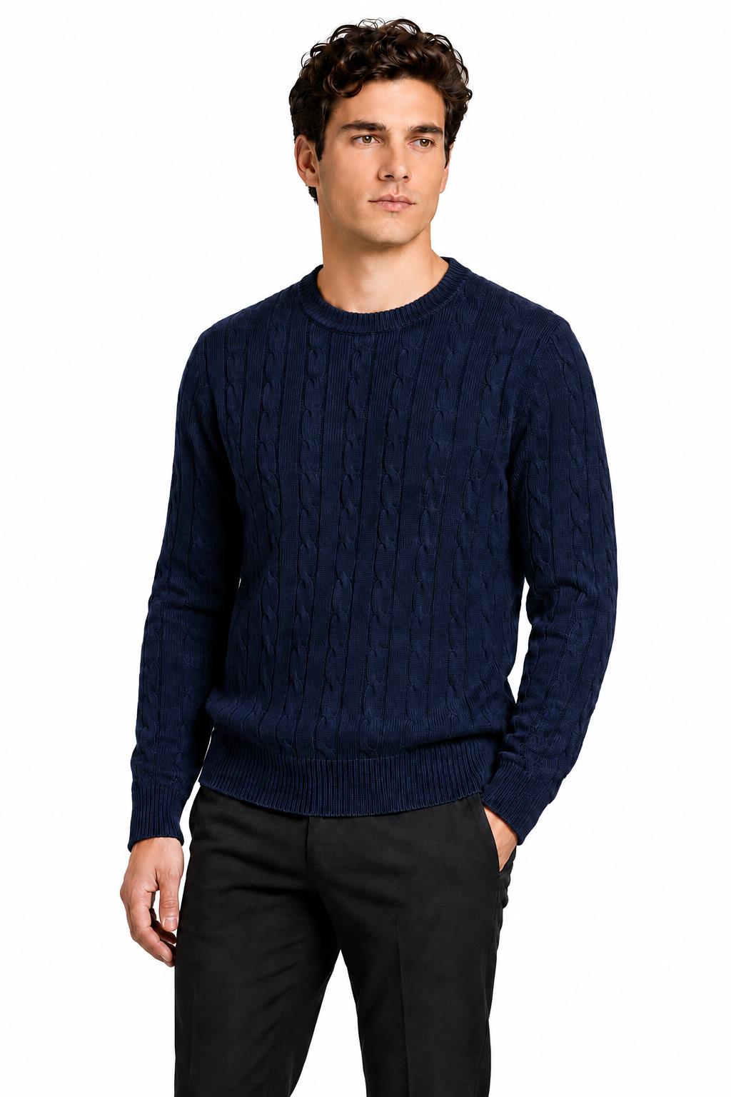 Men's Navy 100% Cotton Fine Cable Knit Crew Neck Jumper CAVANI