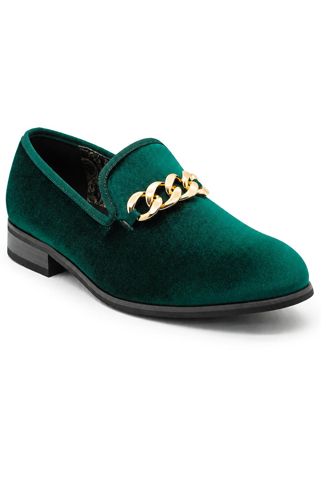 Men's Green Smooth Velvet Gold Chain Dress Loafers Sartorial Shoes