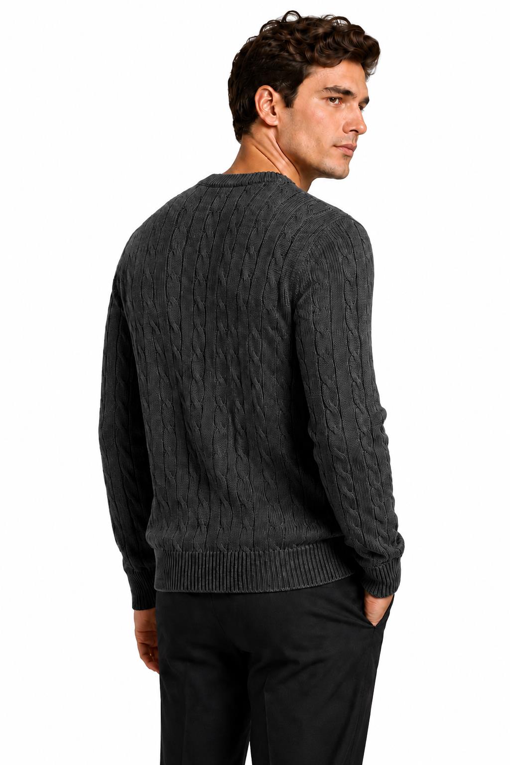 Men's Charcoal Grey 100% Cotton Fine Cable Knit Crew Neck Jumper CAVANI
