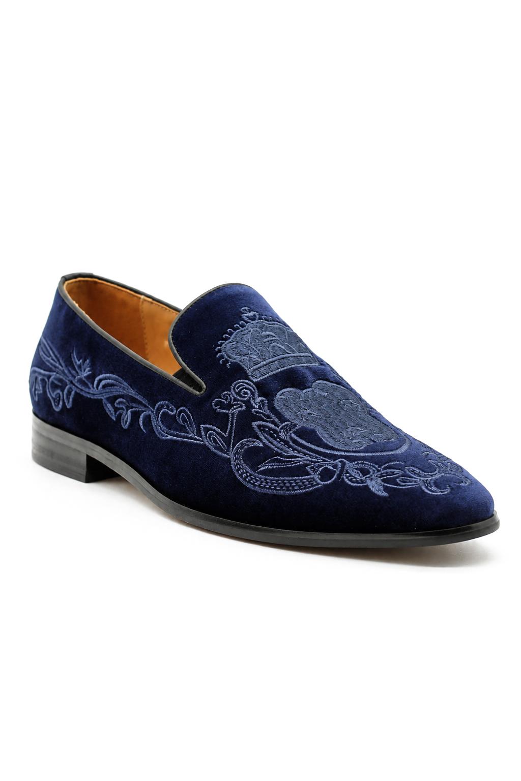 FRED Men’s Navy Blue Embroidered Velvet Party Loafers Sartorial Shoes