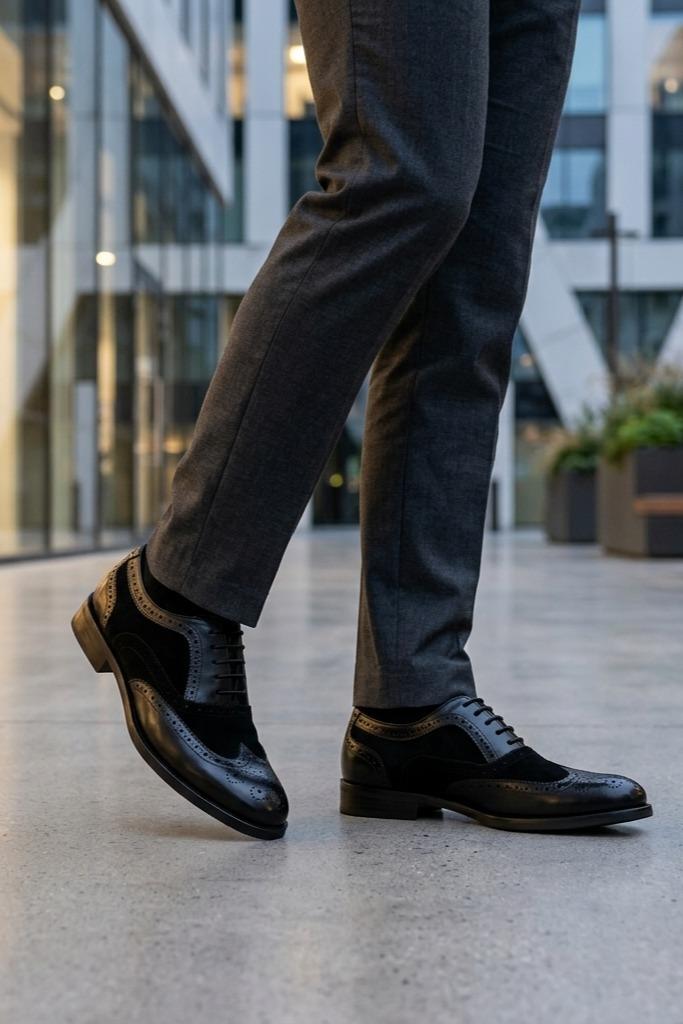 Lawson Men's Handmade Leather & Suede Wingtip Brogue Shoes – Black Sartorial Shoes
