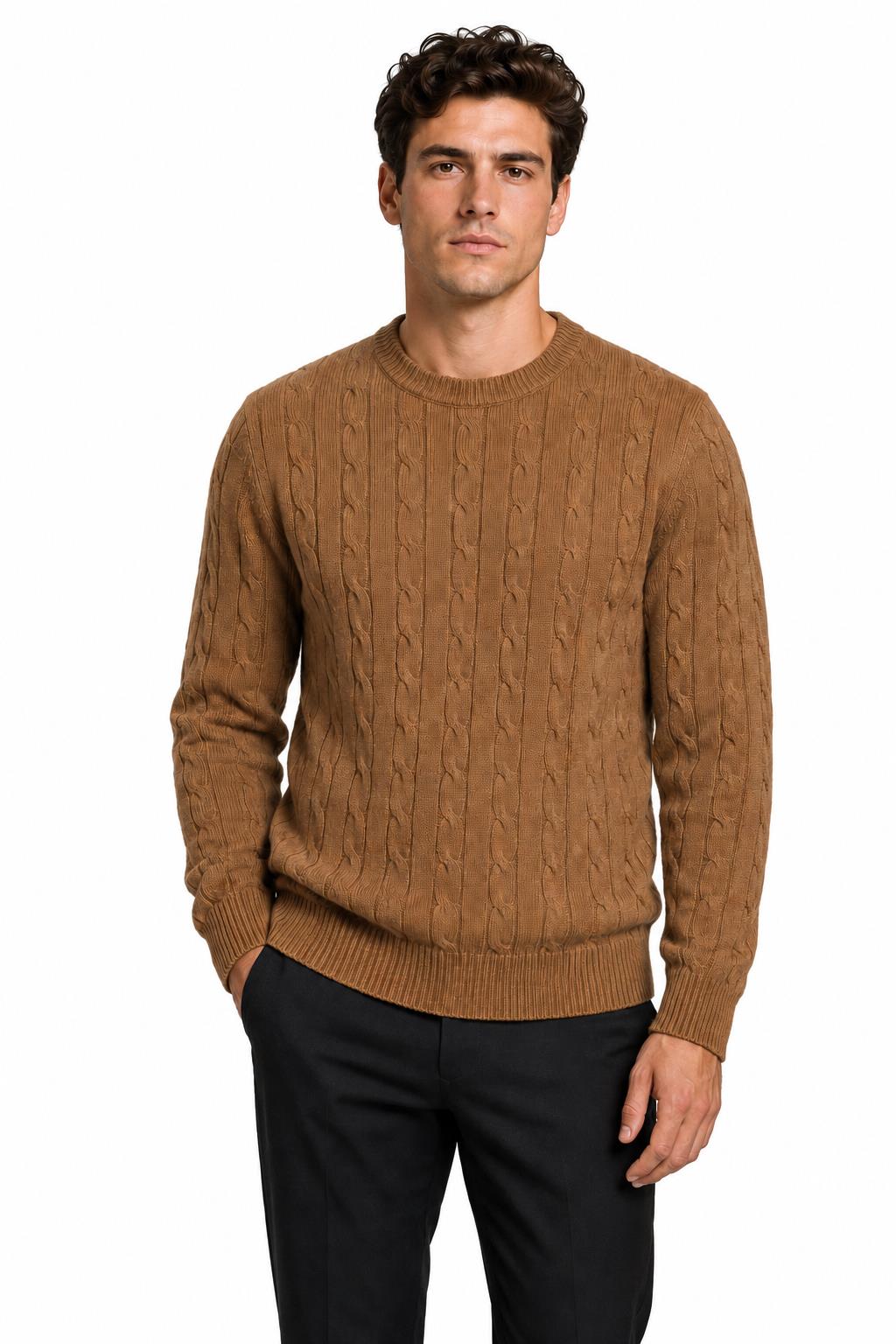 Men's Camel 100% Cotton Fine Cable Knit Crew Neck Jumper CAVANI
