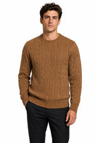 Men's Camel 100% Cotton Fine Cable Knit Crew Neck Jumper CAVANI