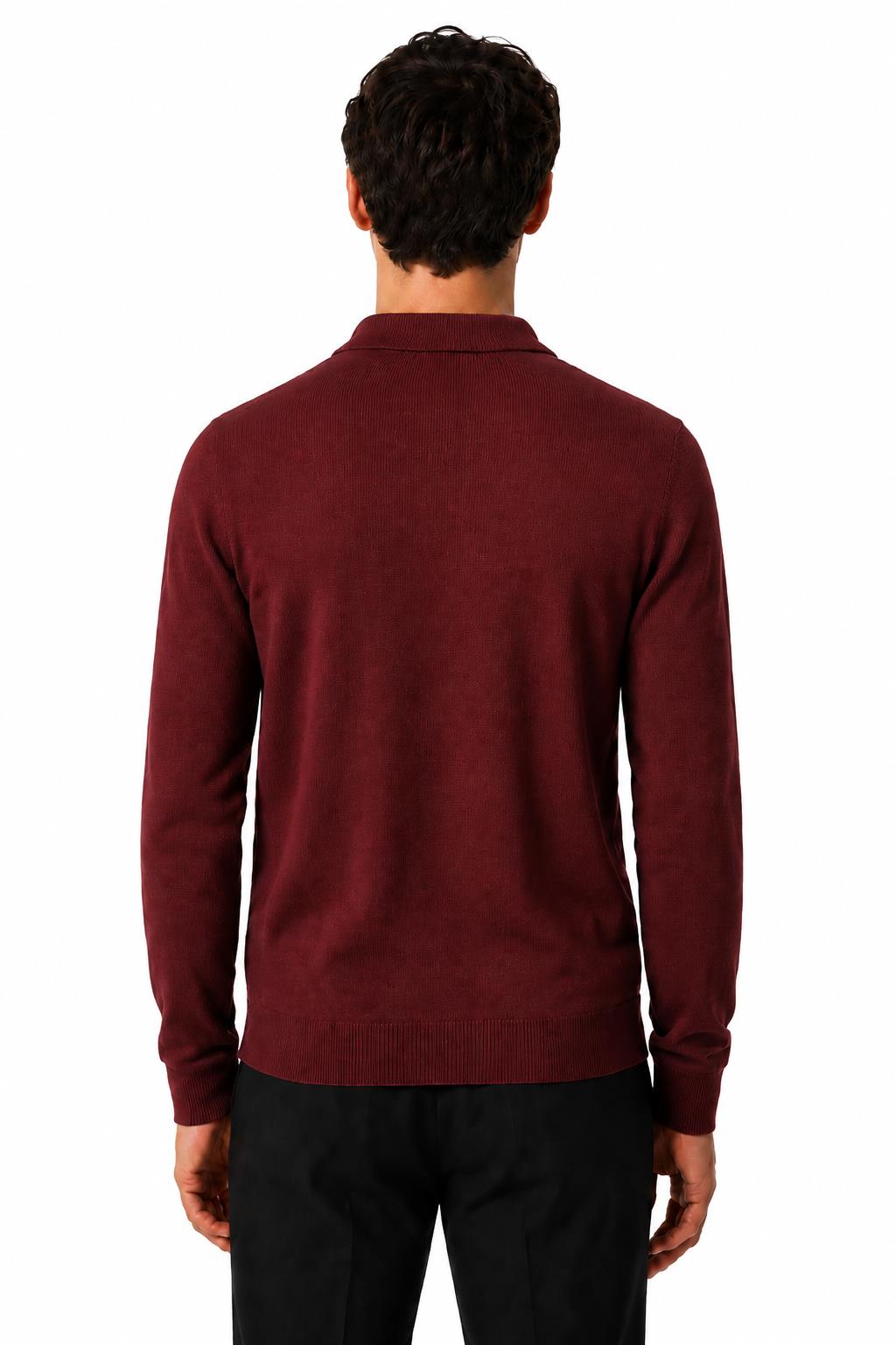 Men's Maroon 100% Cotton Fine Knit Button Neck Polo Jumper CAVANI
