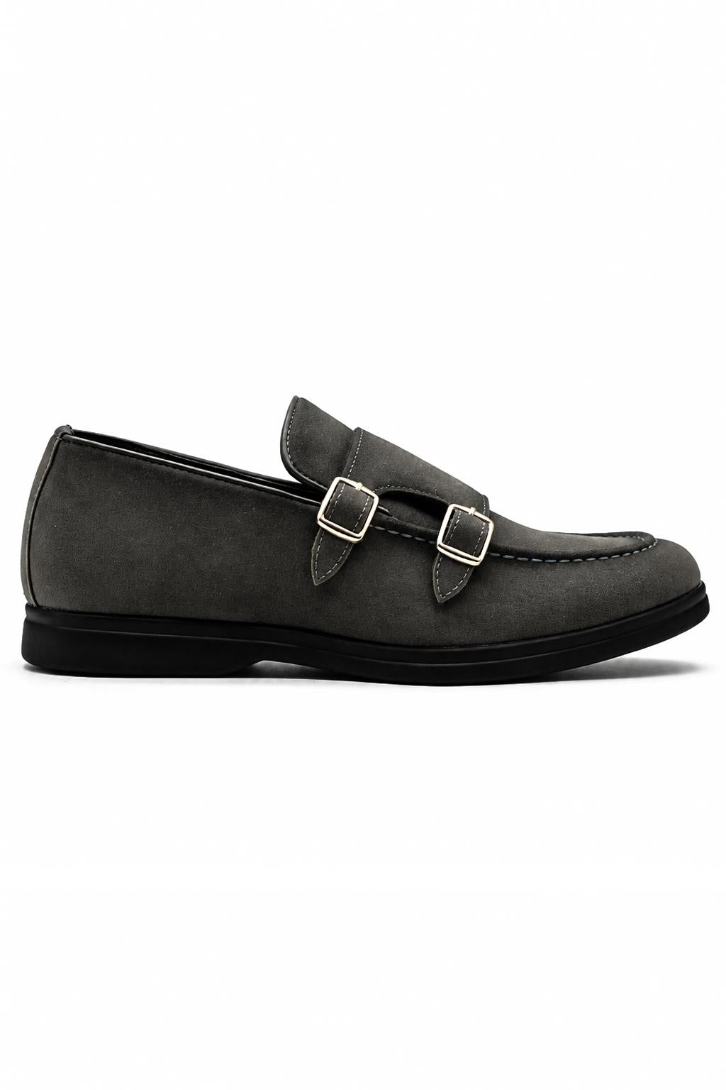 Men's Grey Faux Suede Double Monk Strap Loafers Sartorial Shoes