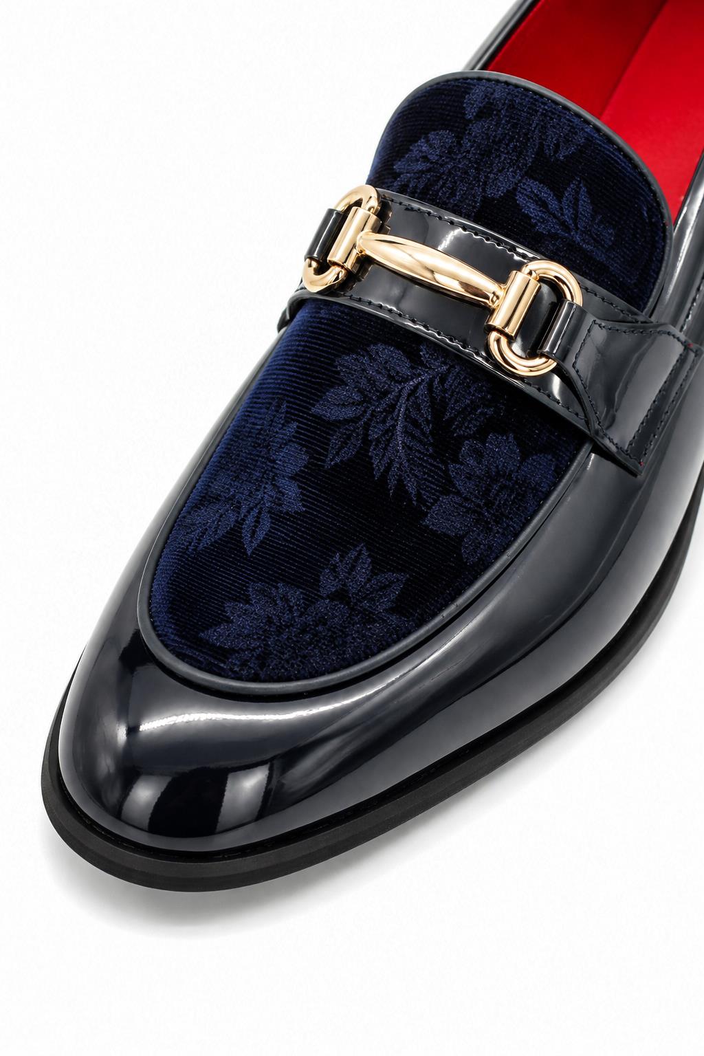 Men's Navy Floral Velvet Patent Snaffle Dress Loafers Sartorial Shoes
