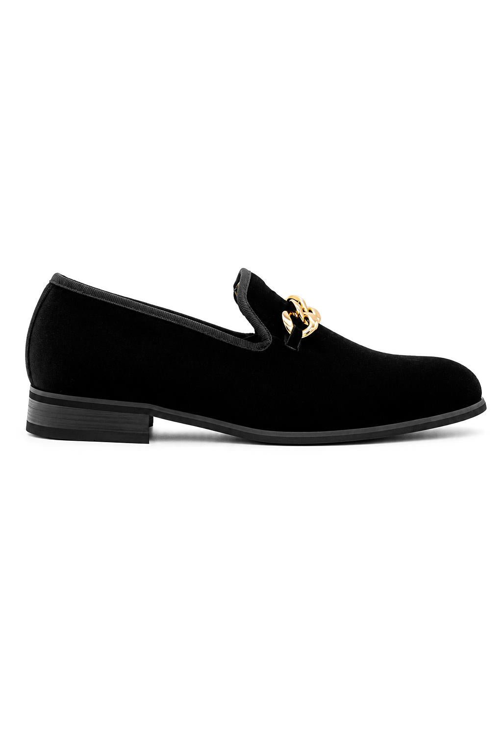 Men's Black Smooth Velvet Gold Chain Dress Loafers Sartorial Shoes