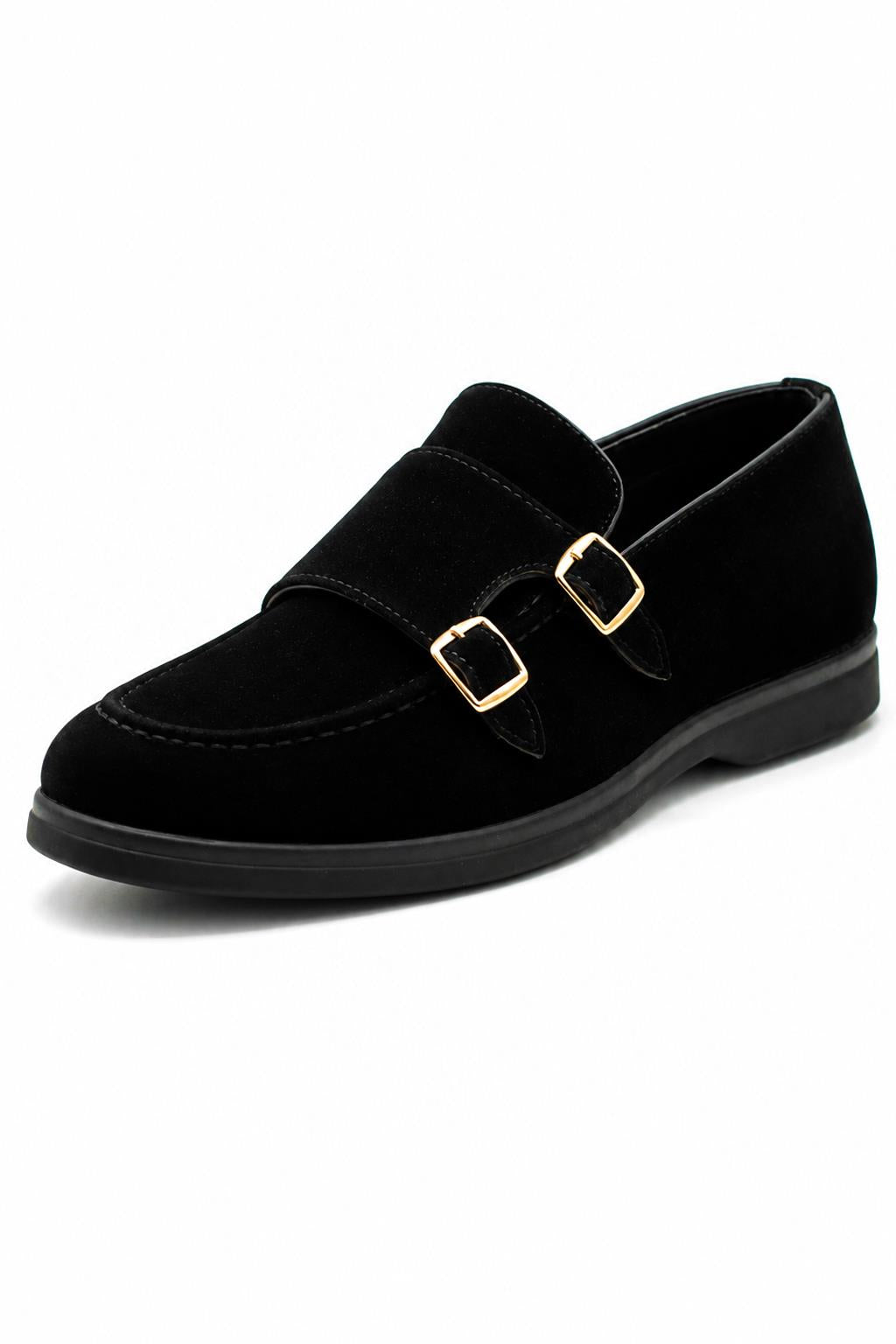 Men's Black Faux Suede Double Monk Strap Loafers Sartorial Shoes