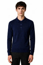 Men's Navy 100% Cotton Fine Knit Button Neck Polo Jumper CAVANI
