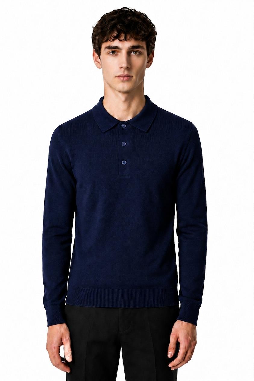 Men's Navy 100% Cotton Fine Knit Button Neck Polo Jumper CAVANI