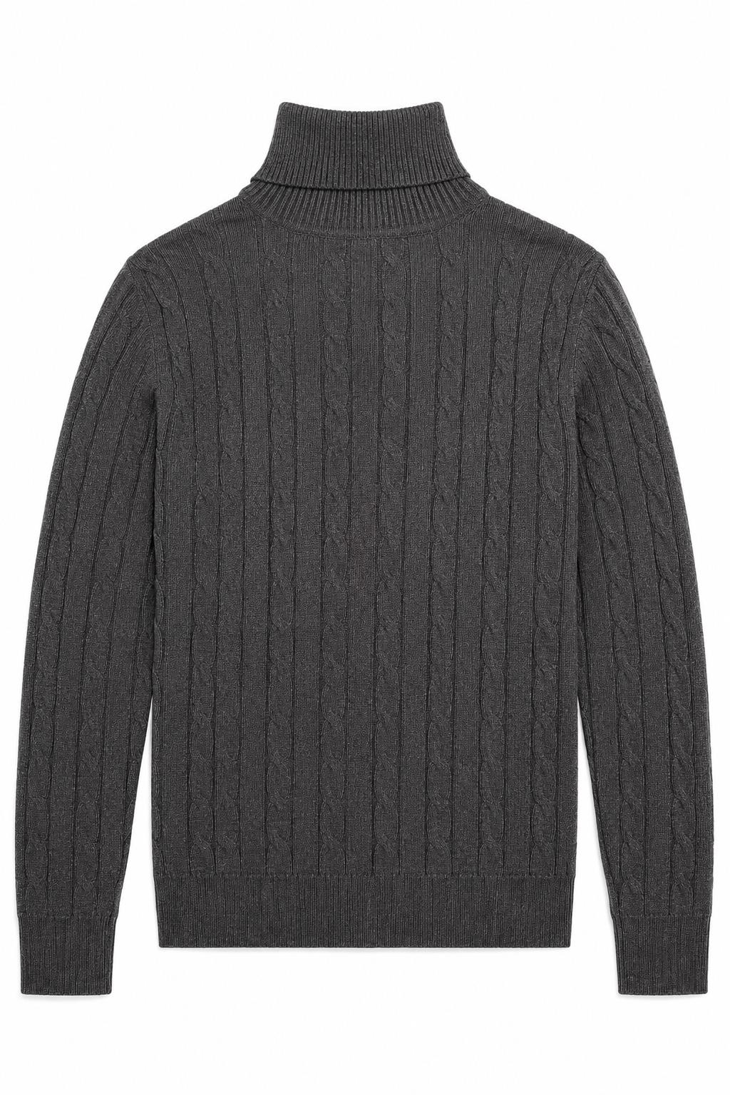 Men's Charcoal Grey 100% Cotton Fine Cable Knit Roll Neck Jumper CAVANI