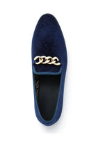 Men's Navy Floral Velvet Gold Chain Wedding Loafers Sartorial Shoes
