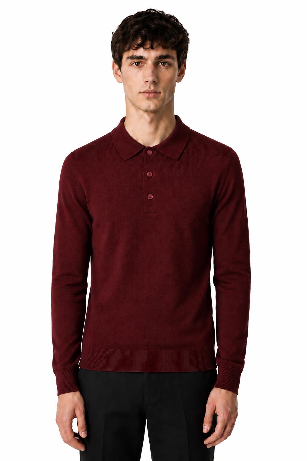 Men's Maroon 100% Cotton Fine Knit Button Neck Polo Jumper CAVANI