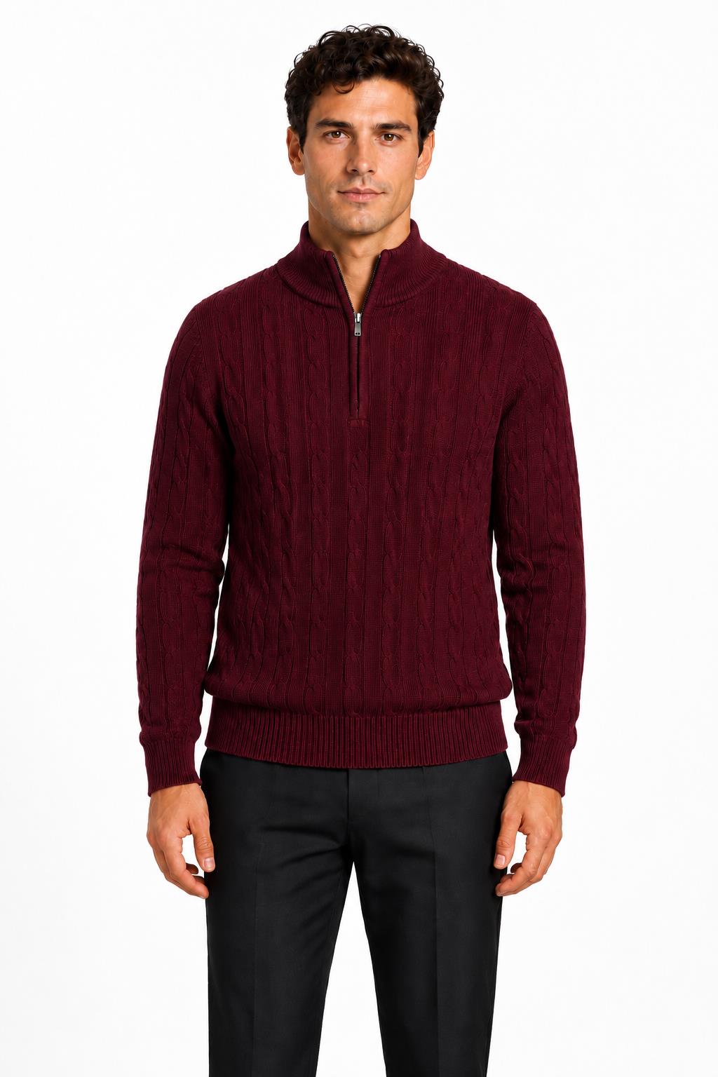 Men's Maroon 100% Cotton Fine Cable Knit Quarter Zip Neck Jumper CAVANI
