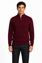 Men's Maroon 100% Cotton Fine Cable Knit Quarter Zip Neck Jumper CAVANI