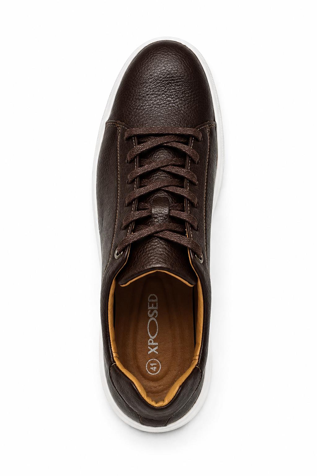 Men’s Coffee Brown Grain-Effect Faux Leather Lace-Up Trainers Sartorial Shoes