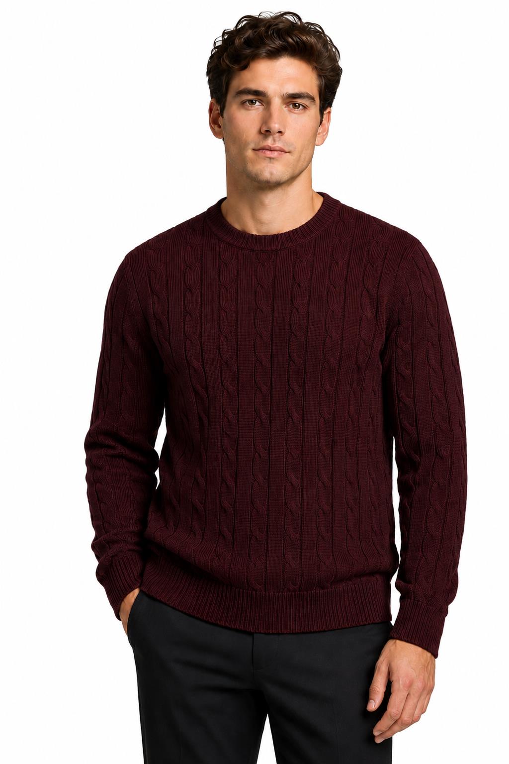 Men's Maroon 100% Cotton Fine Cable Knit Crew Neck Jumper CAVANI
