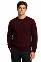 Men's Maroon 100% Cotton Fine Cable Knit Crew Neck Jumper CAVANI