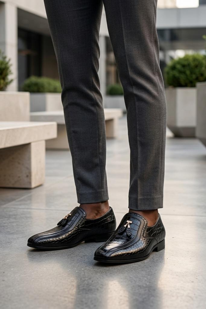 Men’s Black Shiny Polished Print Leather Occasion Shoes Sartorial Shoes