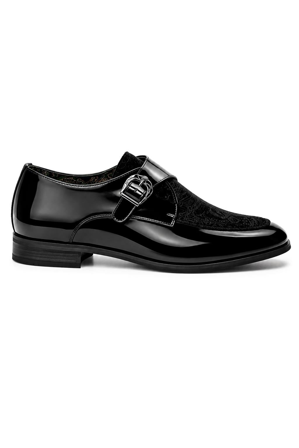 Men's Black Floral Velvet Monk Strap Dress Shoes Sartorial Shoes