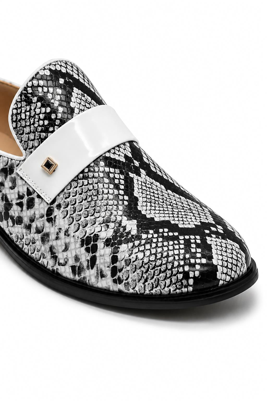 Men’s Black & White Shiny Patent Print Occasion Half Shoes Sartorial Shoes