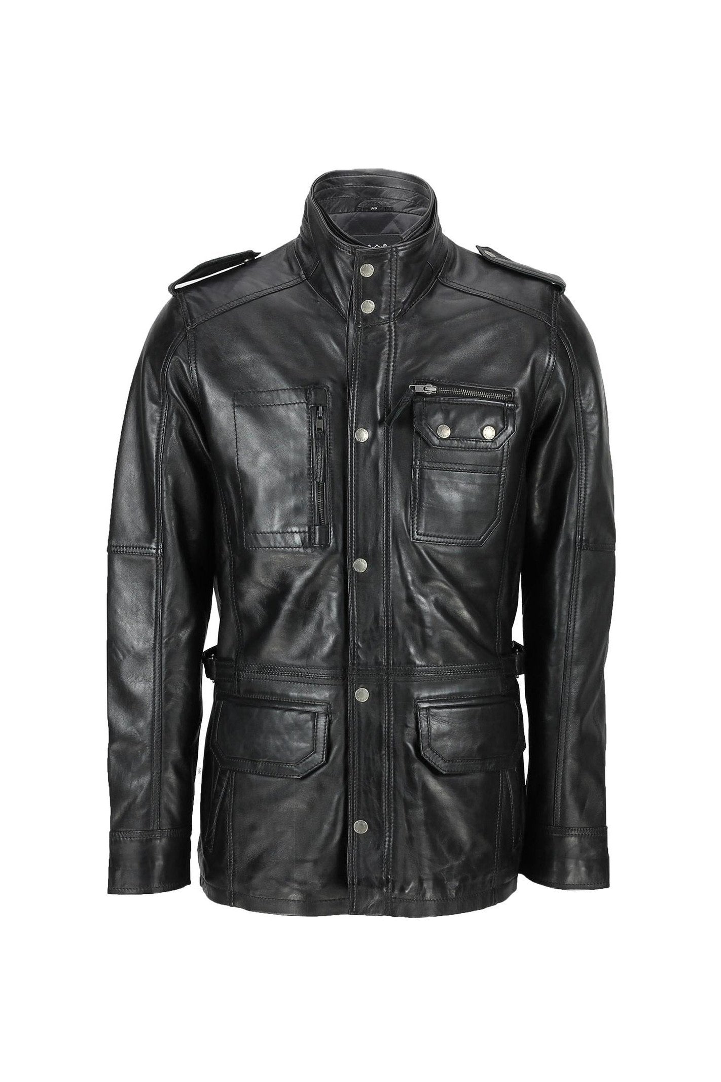 New Mens Classic Black Soft Wax Real Leather Smart Vintage Jacket Military Coat