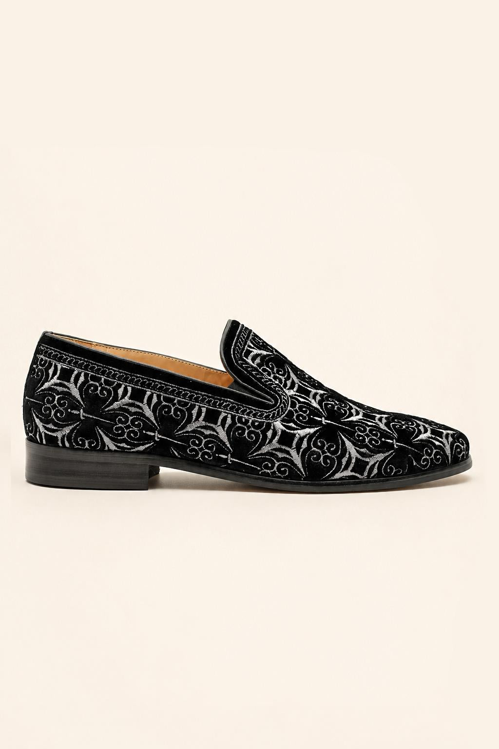 VITO Men’s Black Silver Embroidered Velvet Real Leather Party Loafers Sartorial Shoes