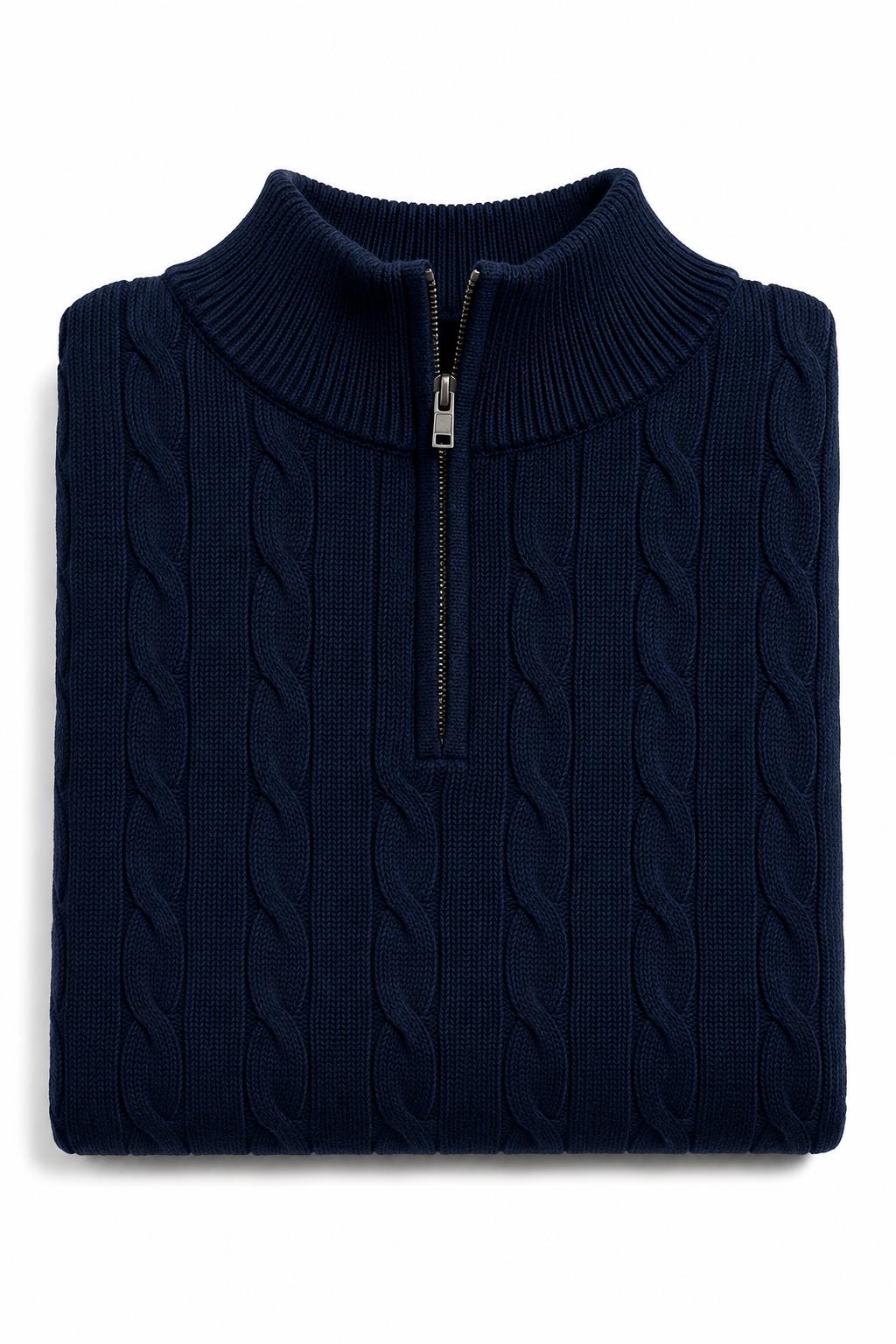 Men's Navy Blue 100% Cotton Fine Cable Knit Quarter Zip Neck Jumper CAVANI