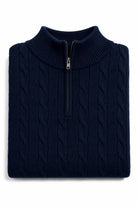 Men's Navy Blue 100% Cotton Fine Cable Knit Quarter Zip Neck Jumper CAVANI