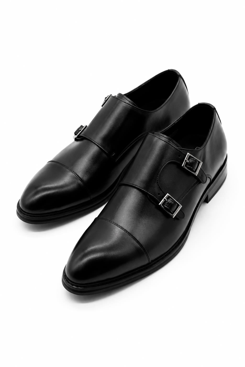 Men's Black Double Monk Strap Cap Toe Formal Shoes Sartorial Shoes