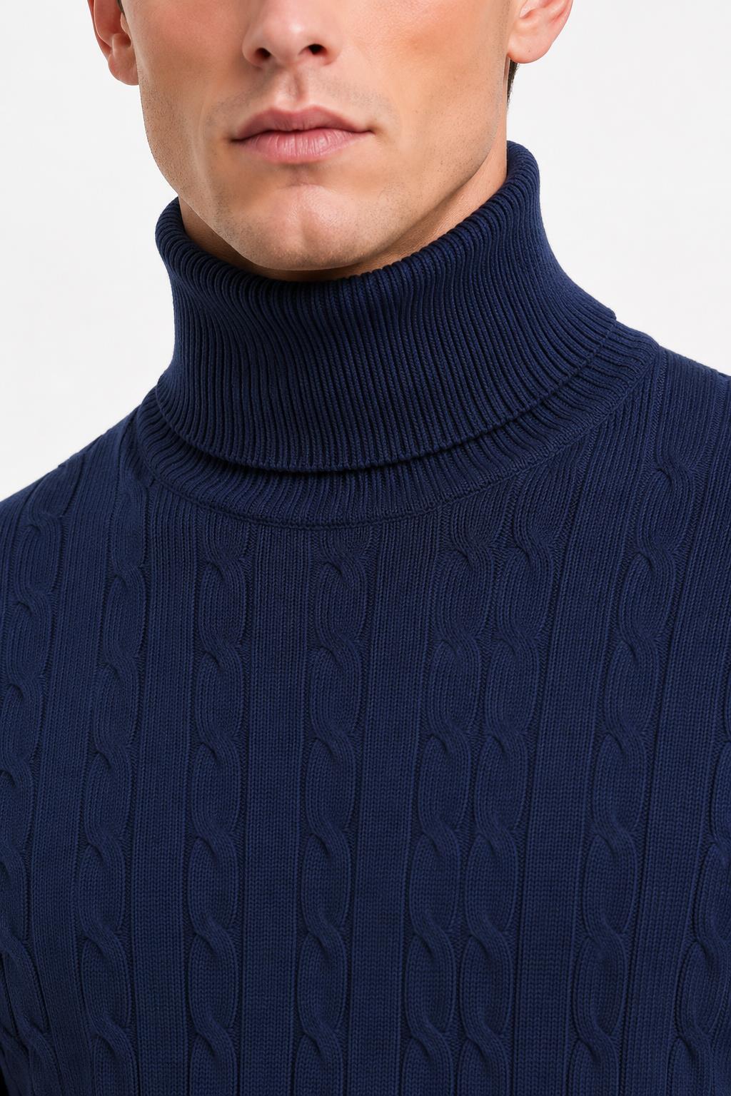 Men's Navy 100% Cotton Fine Cable Knit Roll Neck Jumper CAVANI