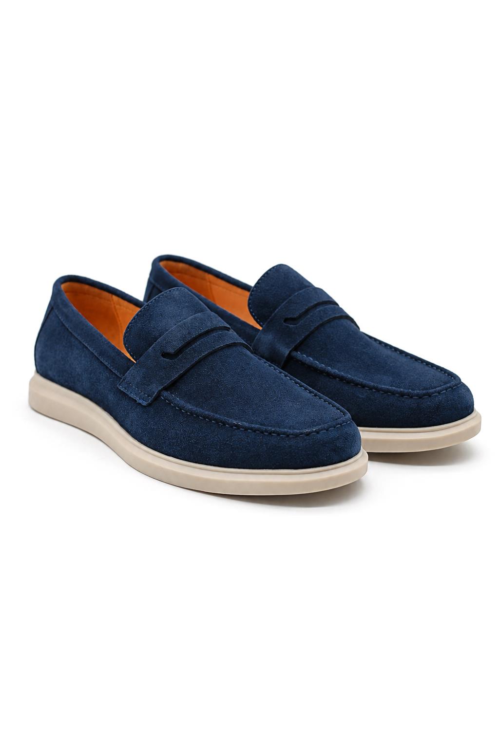 Men’s Milo Navy Blue Suede Leather Penny Loafers Sartorial Shoes