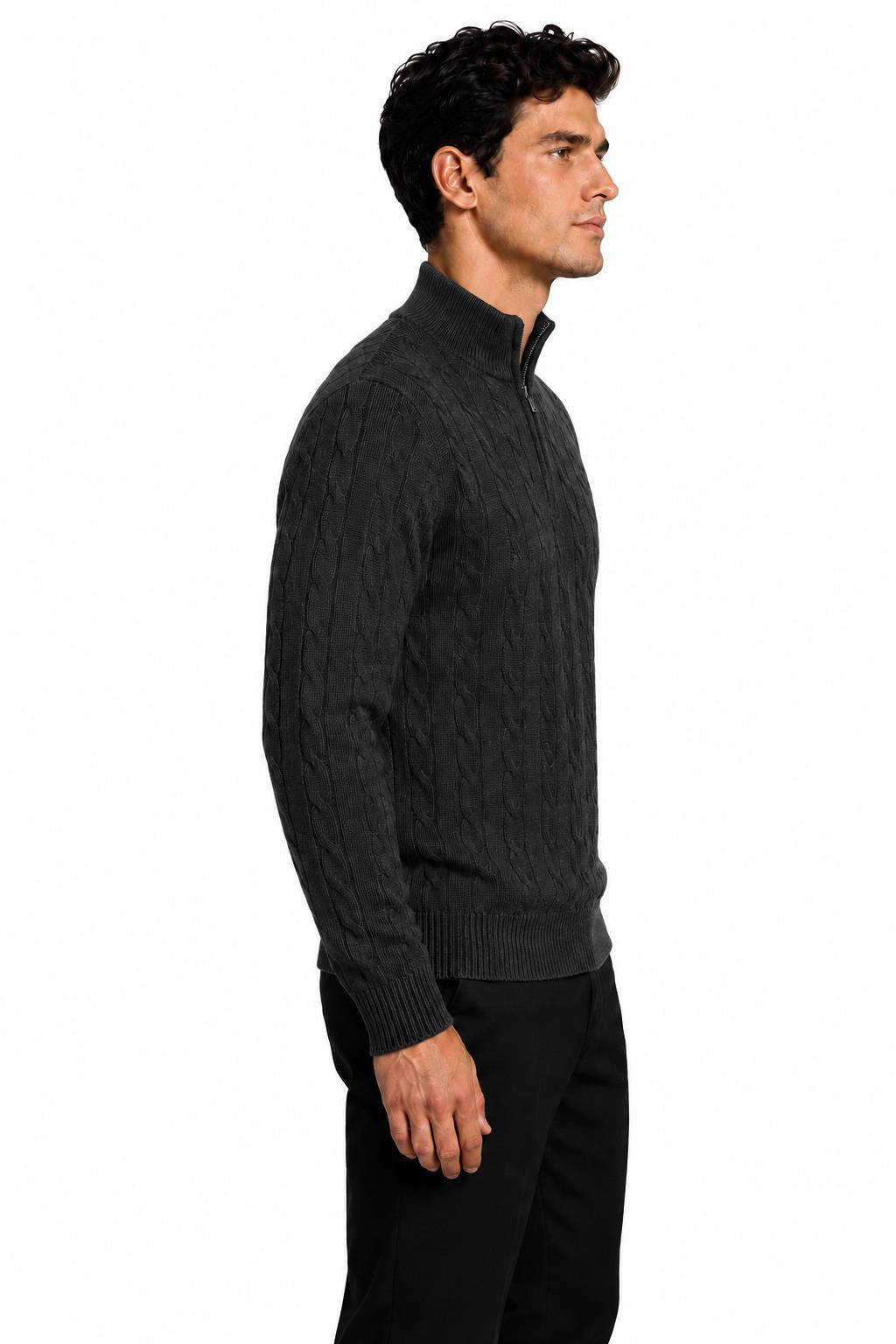 Men's Charcoal Grey 100% Cotton Fine Cable Knit Quarter Zip Neck Jumper CAVANI