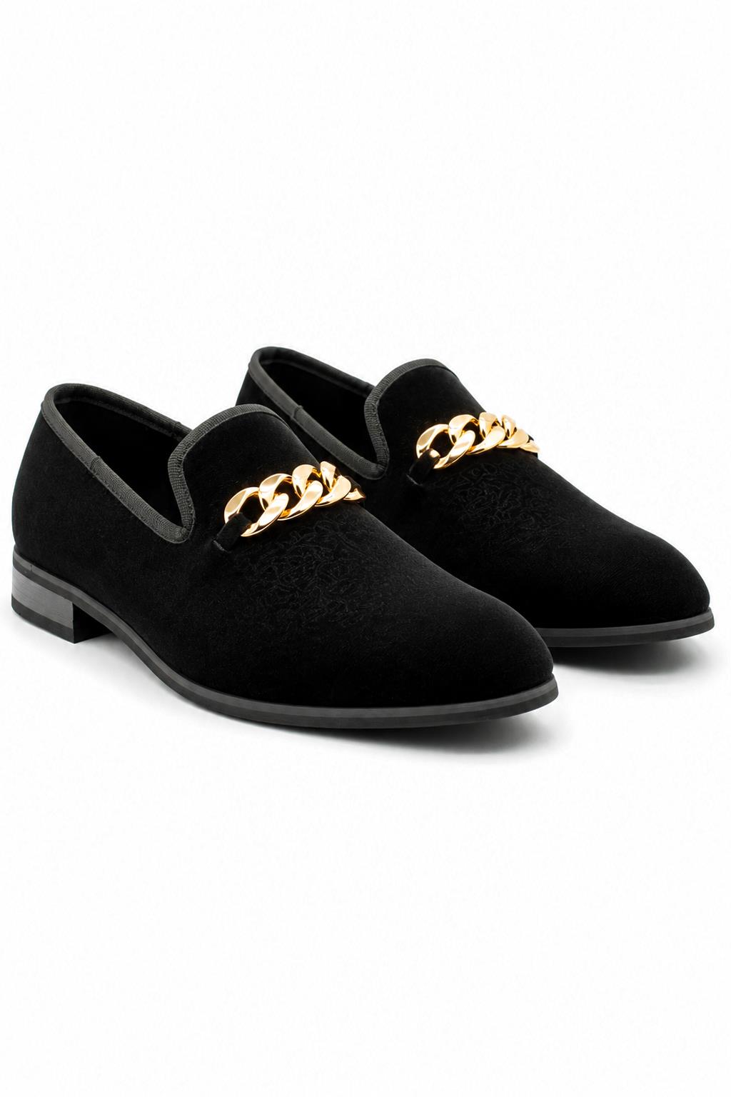 Men's Black Floral Velvet Gold Chain Wedding Loafers Sartorial Shoes