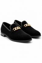 Men's Black Floral Velvet Gold Chain Wedding Loafers Sartorial Shoes