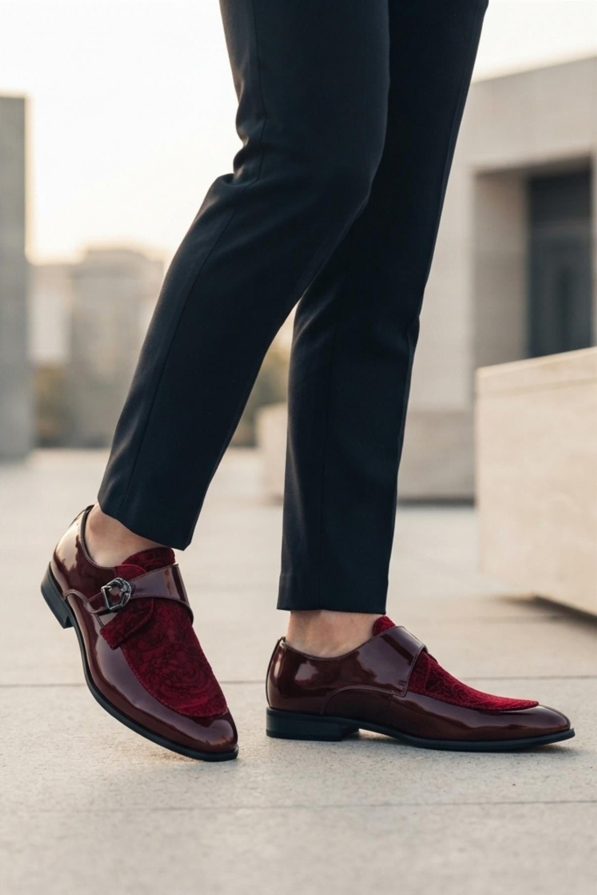 Men's Maroon Floral Velvet Monk Strap Dress Shoes Sartorial Shoes