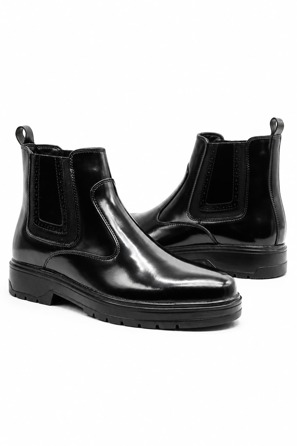 Men's Black Patent Faux Leather Retro Chelsea Boots Lug Sole Sartorial Shoes