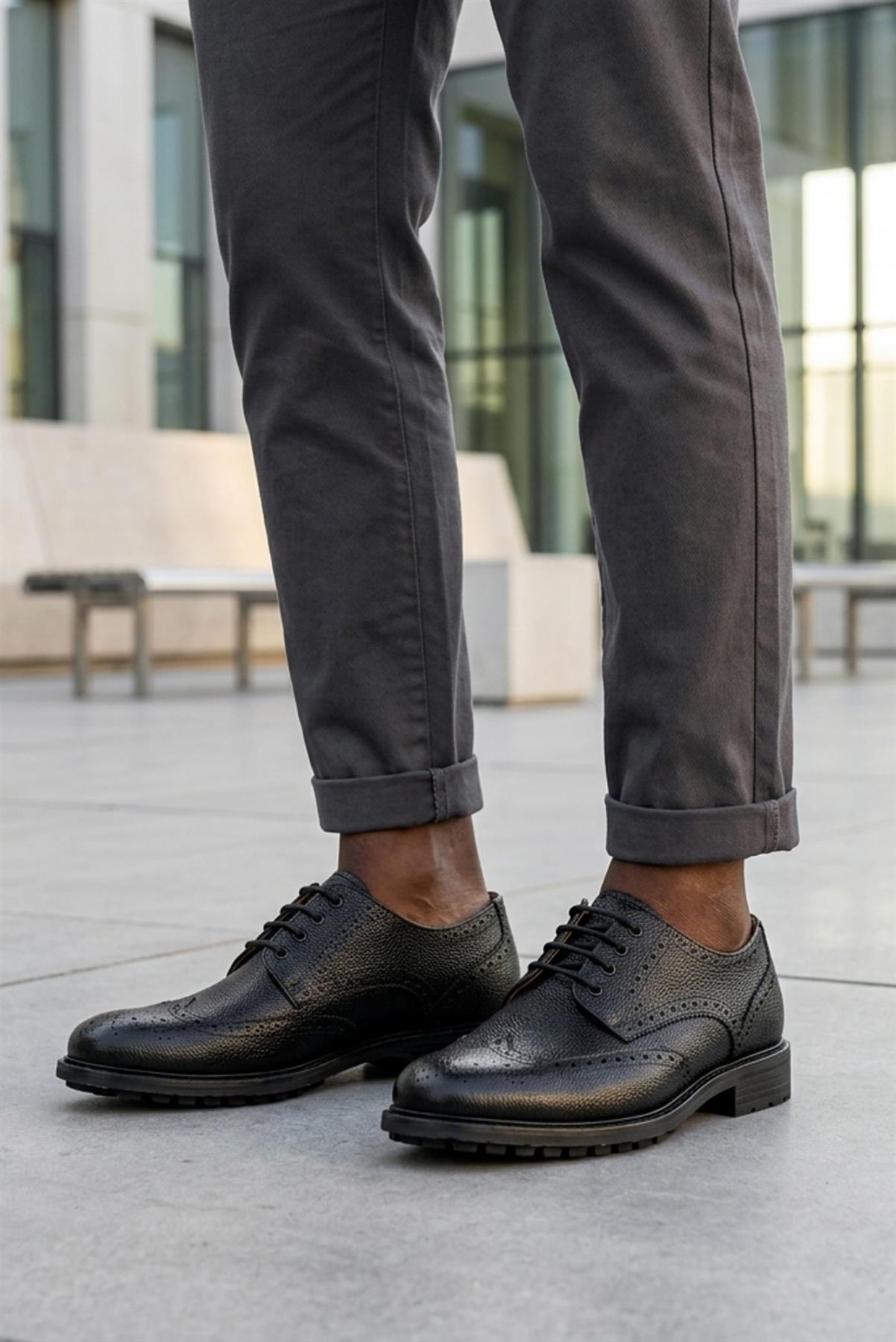 HART Men’s Black Grain Leather Wingtip Brogue Derby Shoes Sartorial Shoes