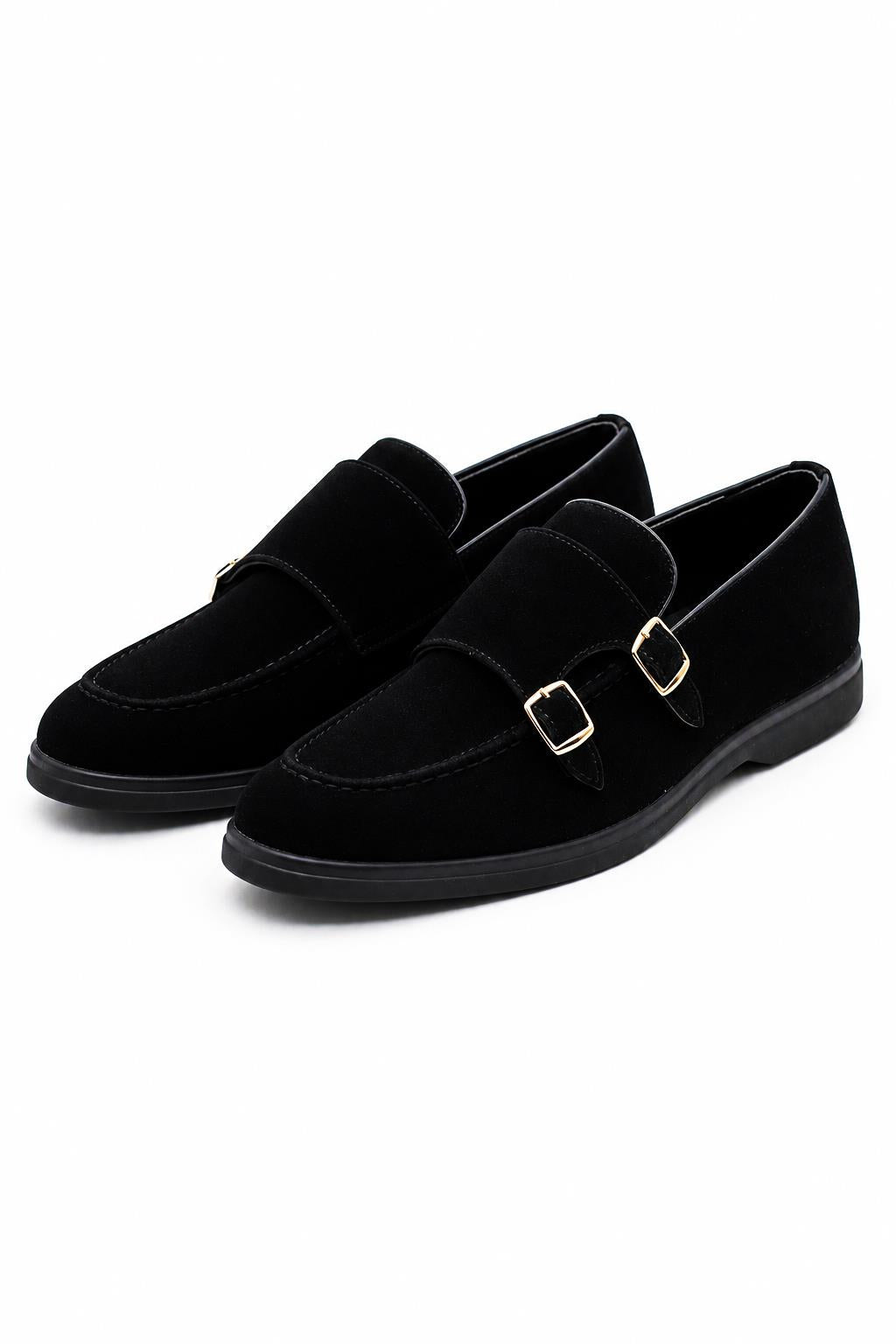 Men's Black Faux Suede Double Monk Strap Loafers Sartorial Shoes