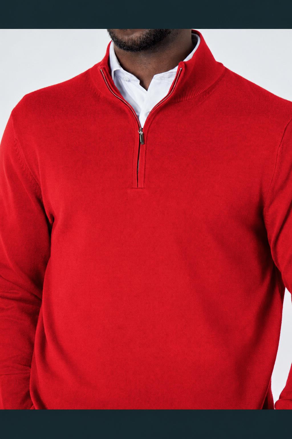 Men's Red 100% Cotton Fine Knit Quarter Zip Funnel Neck Jumper CAVANI