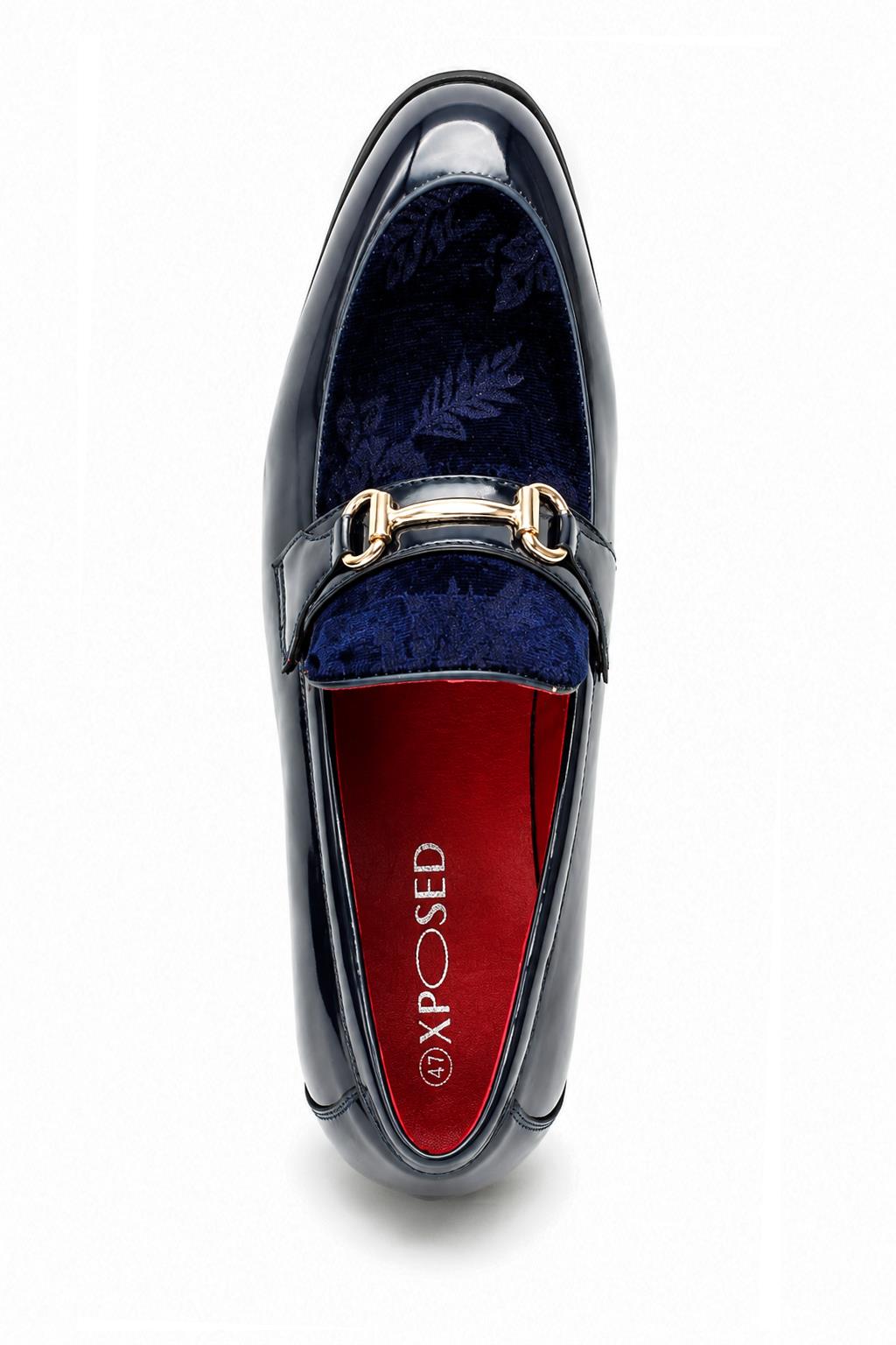 Men's Navy Floral Velvet Patent Snaffle Dress Loafers Sartorial Shoes