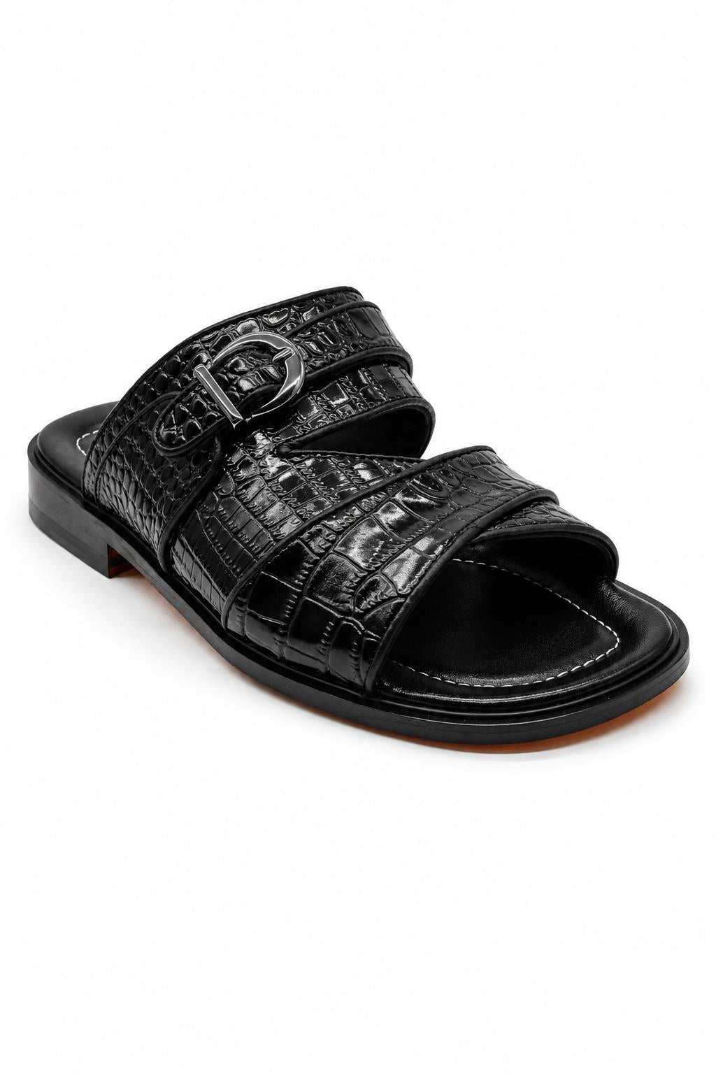 Men’s Ade 2 Black Handmade Real Leather Embossed Sandals Sartorial Shoes