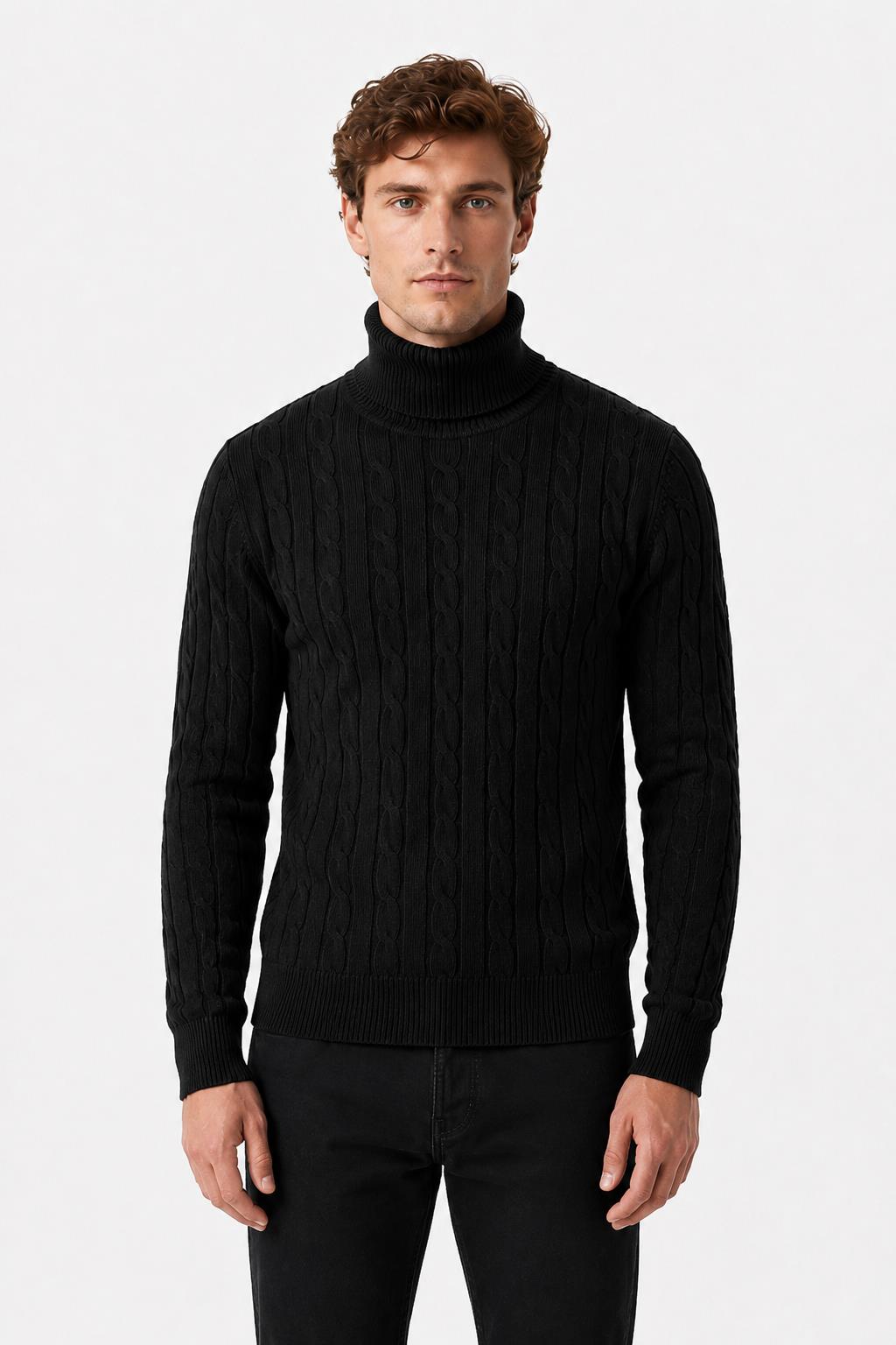 Men's Black 100% Cotton Fine Cable Knit Roll Neck Jumper CAVANI