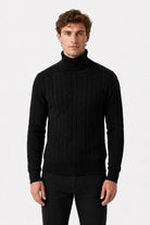Men's Black 100% Cotton Fine Cable Knit Roll Neck Jumper CAVANI