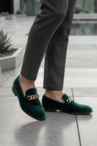 Men's Green Smooth Velvet Gold Chain Dress Loafers Sartorial Shoes