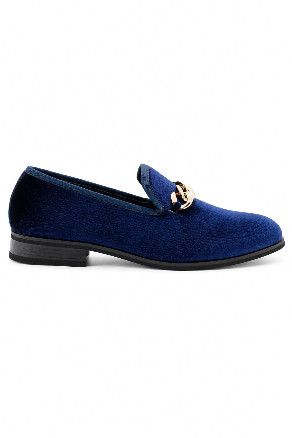 Men's Navy Smooth Velvet Gold Chain Dress Loafers Sartorial Shoes