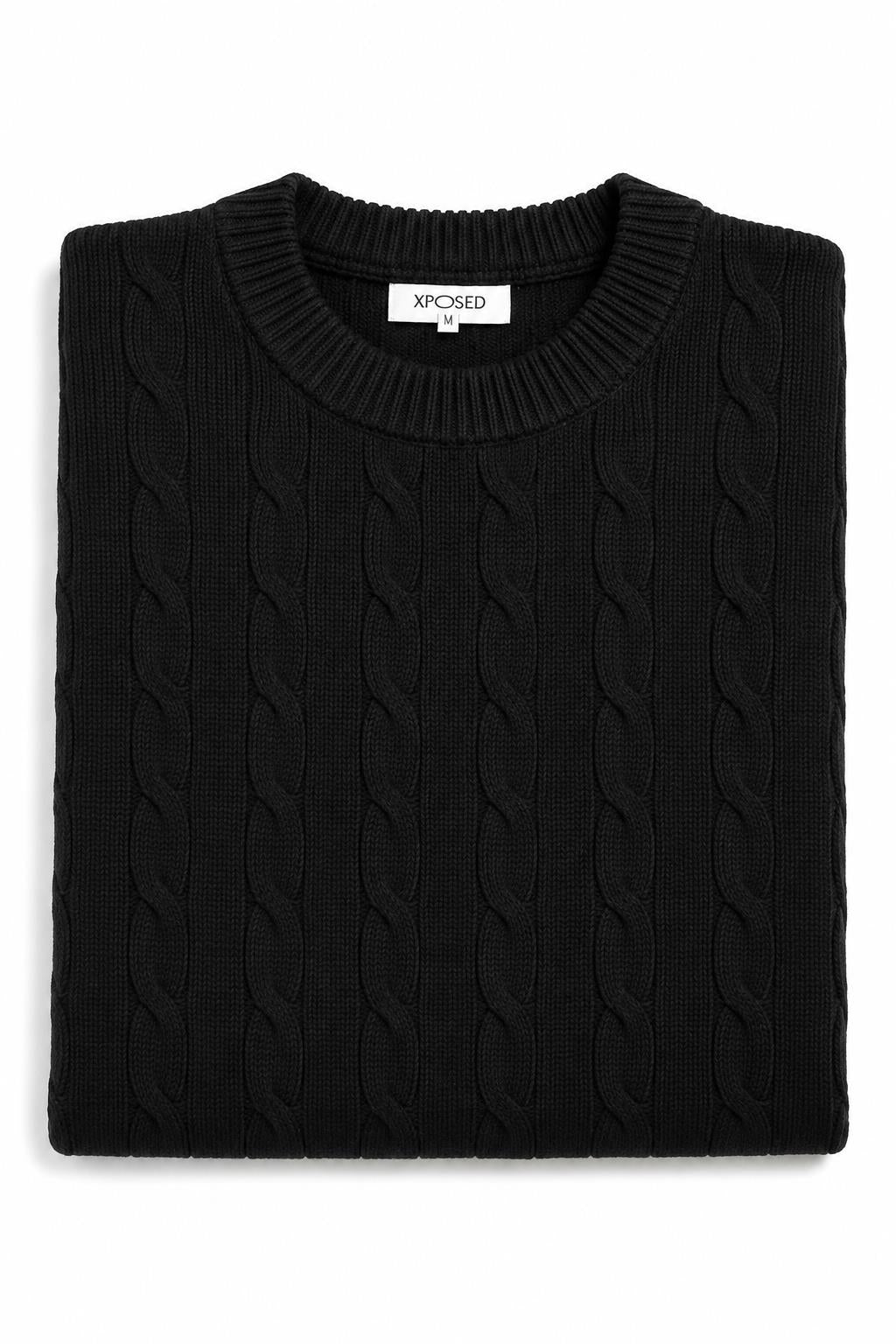Men's Black 100% Cotton Fine Cable Knit Crew Neck Jumper CAVANI